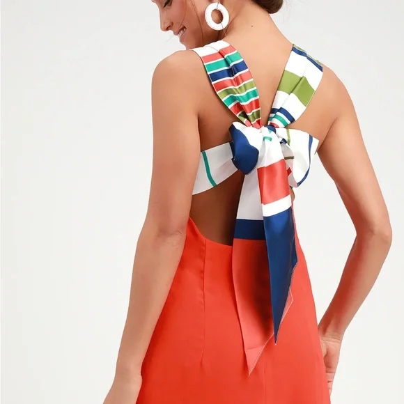 Joyful Red Orange Multi Stripe Tie-Back Mini Dress - Picture 2 of 7